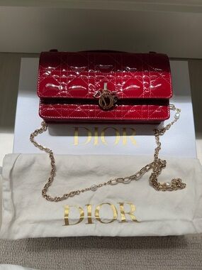 Dior Red Patent Leather Crossbody with Gold Chain Charm